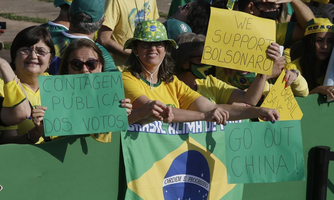 Ao lado da bandeira do Brasil, cartaz diz: &#034;Fora China&#034; Foto: Cristiano Mariz / O Globo