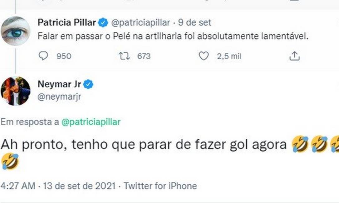 Neymar rebateu críticas de Patrícia Pillar após declaração sobre passar Pelé na artilharia Foto: Reprodução