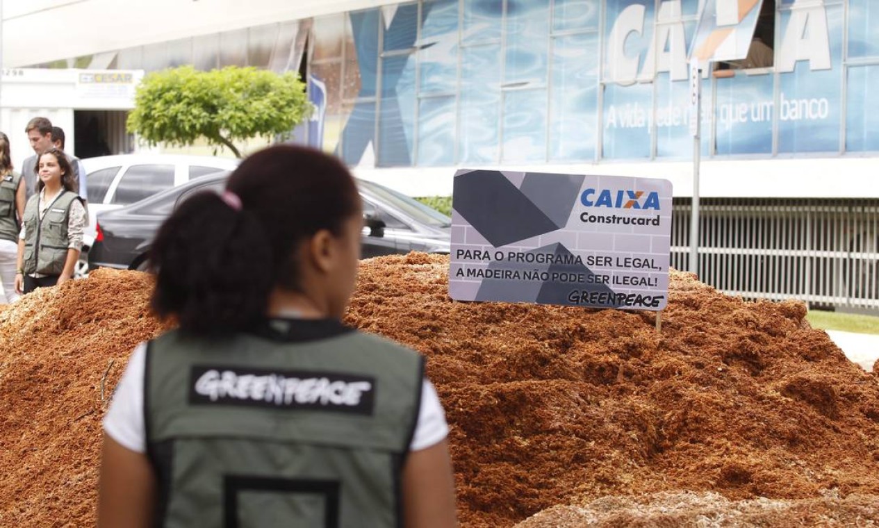 Ativistas do Greenpeace despejaram duas toneladas de pó de serra em frente à sede da Caixa Econômica Federal, em Brasília, para protestar contra financiamento de programas que, segundo a ONG, estariam ligados à destruição da Amazônia Foto: Jorge William / Agência O Globo - 18/11/2014