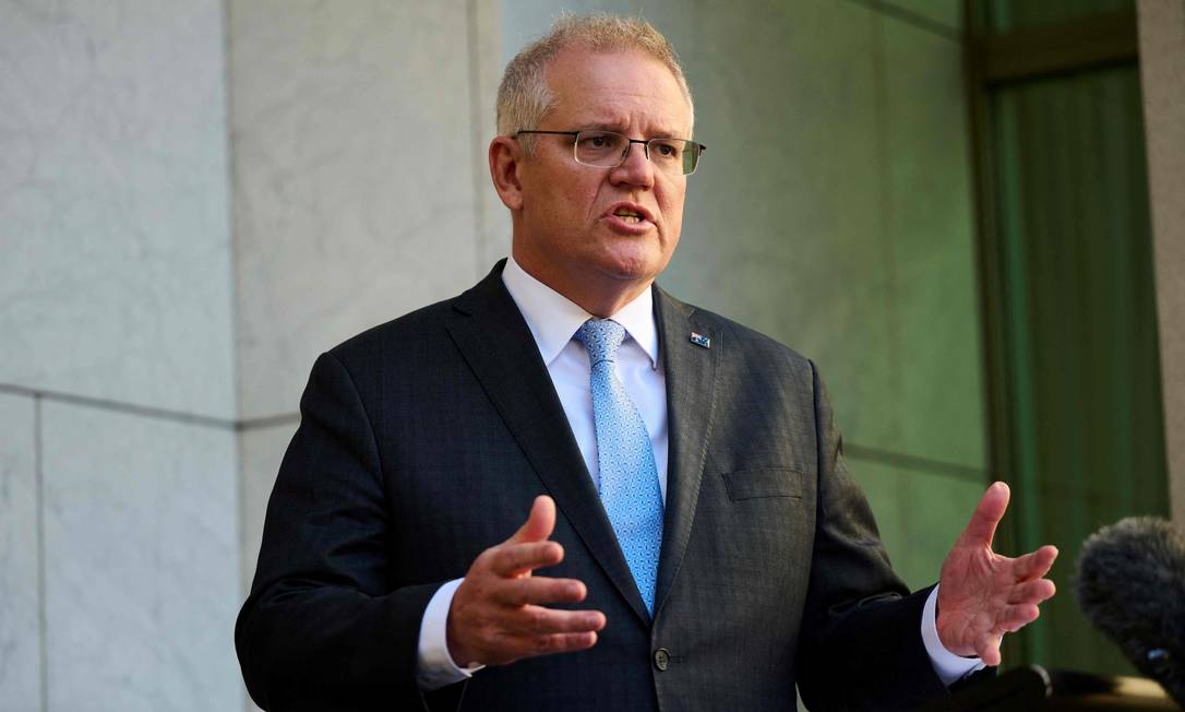 Primeiro-ministro australiano, Scott Morrison, durante coletiva Foto: ROHAN THOMSON / AFP
