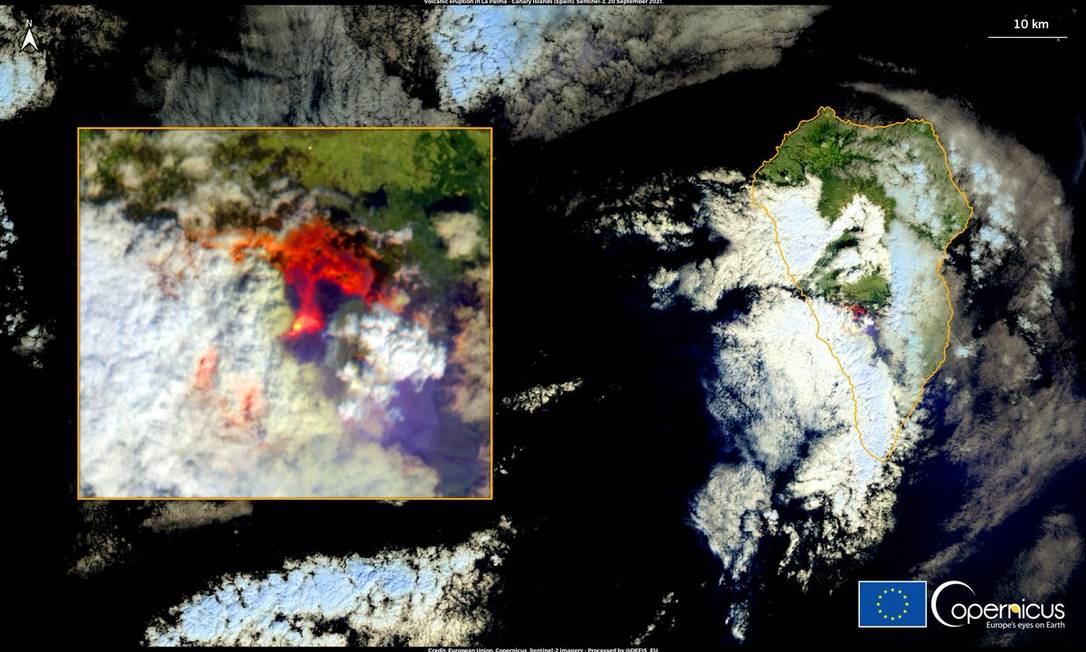 Sistema de satélites da União Europeia registrou o momento em que o vulcão entra em erupção. Foto: Sistema de satélites Copérnico / União Europeia