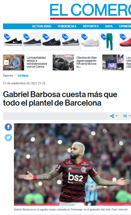 Gabigol é destaque no "El Comercio" Foto: Reprodução