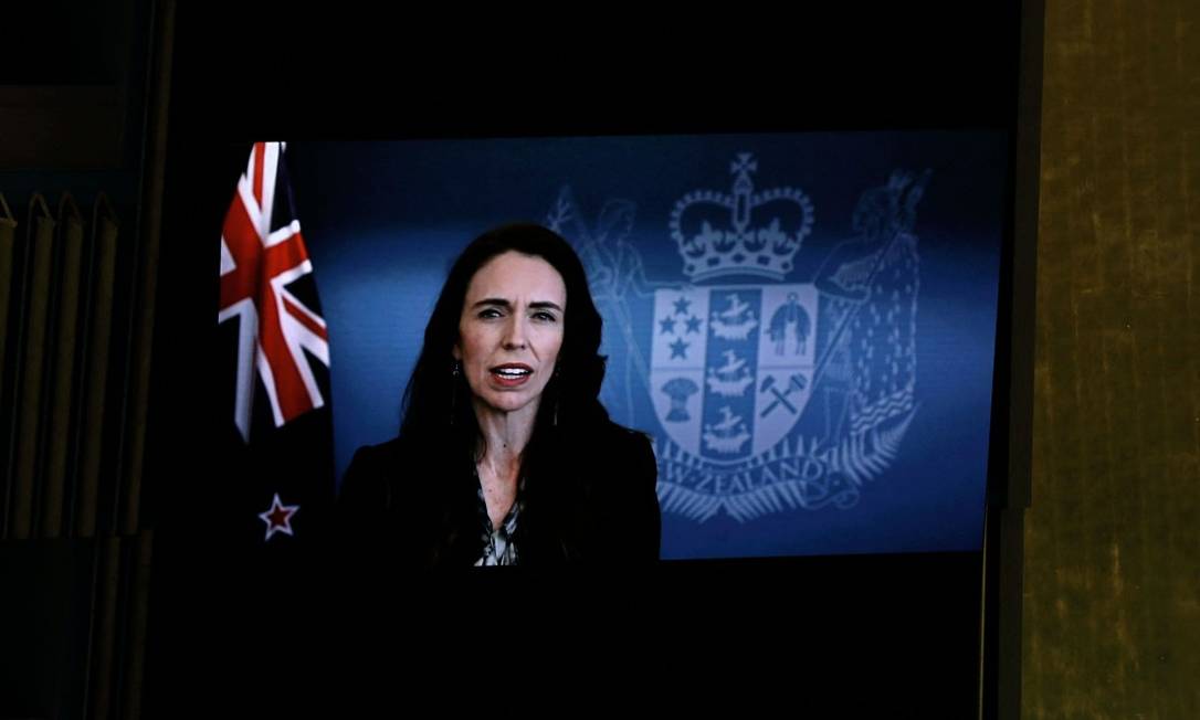 Primeira-ministra da Nova Zelândia, Jacinda Ardern, dá discurso pré-gravado durante sessão da Assembleia Geral da ONU Foto: PETER FOLEY / AFP/24-9-21