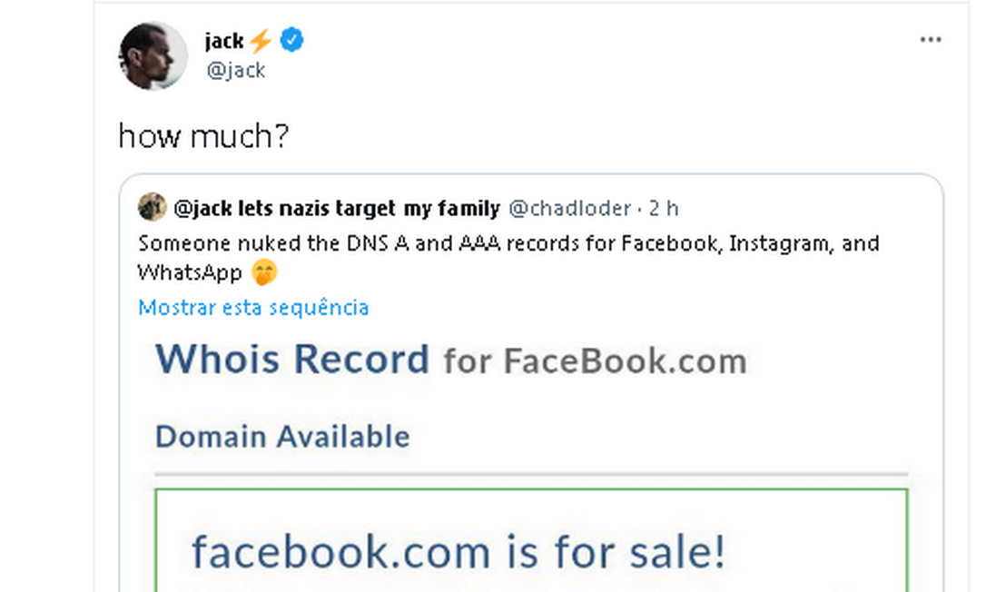 Post do CEO do Twitter, Jack Dorsey, zoou rede social que saiu do ar Foto: Twitter / Reprodução