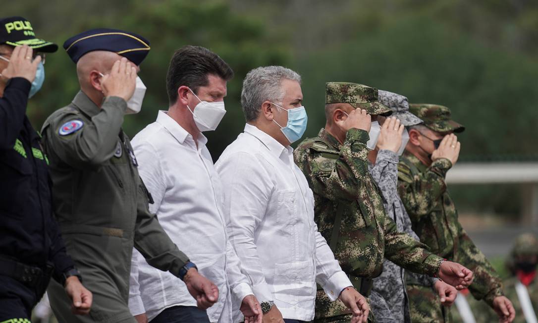 O presidente da Colômbia, Iván Duque, durante cerimônia de inauguração de unidade militar em região na fronteira com a Venezuela Foto: Nathalia Angarita / Reuters