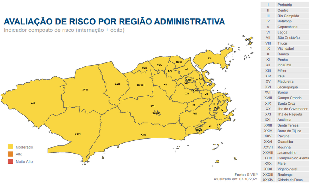 Nível de risco por região administrativa. Foto: Reprodução
