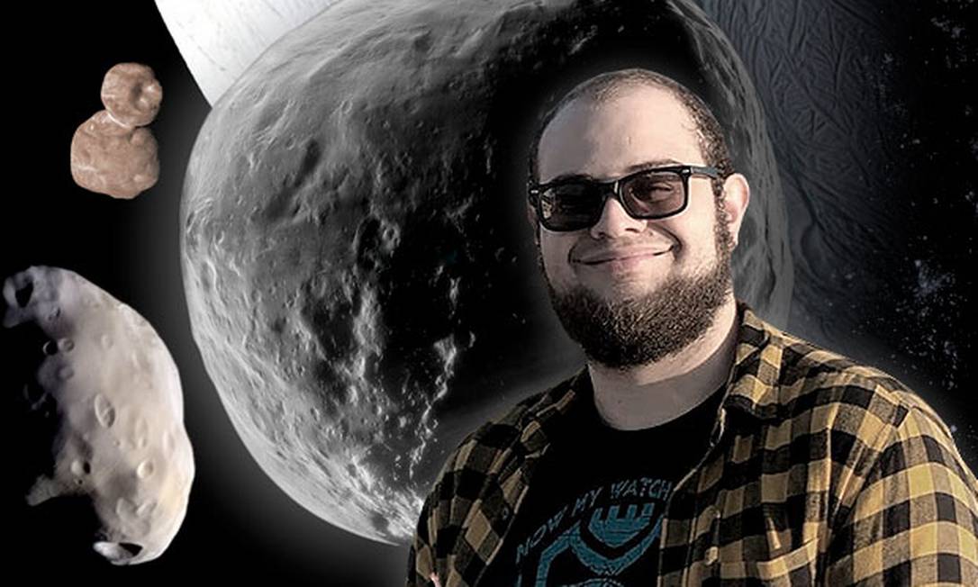 Pedro Bernardinelli, de 27 anos, descobriu o maior cometa já identificado Foto: Arte O Globo/ Arquivo pessoal/ Ilustração Will Gater