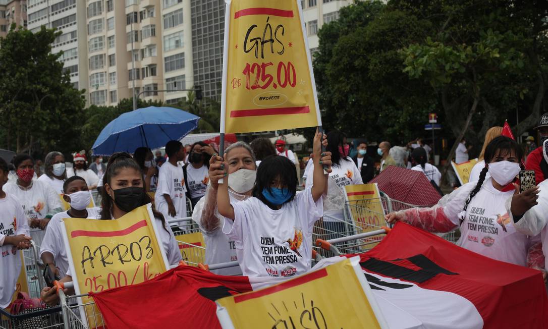 Grupos com cartazes exibindo os preços abusivos dos alimentos durante o protesto na Praia de Copacabana