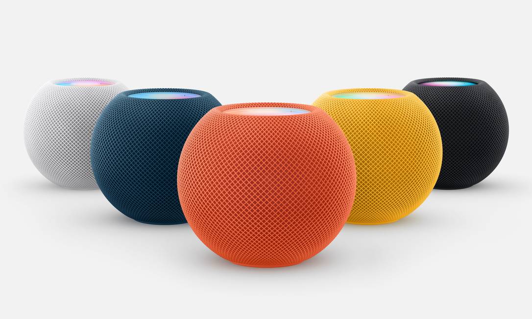 A Apple apresentou o HomePod mini em três novas cores: amarelo, laranja e azul Foto: Divulgação