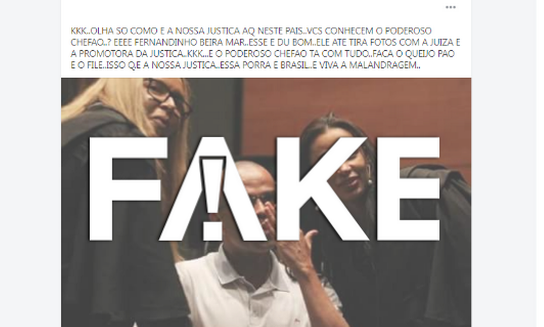É #FAKE que Fernandinho Beira-Mar tirou fotos com promotora e juíza durante julgamento Foto: Reprodução