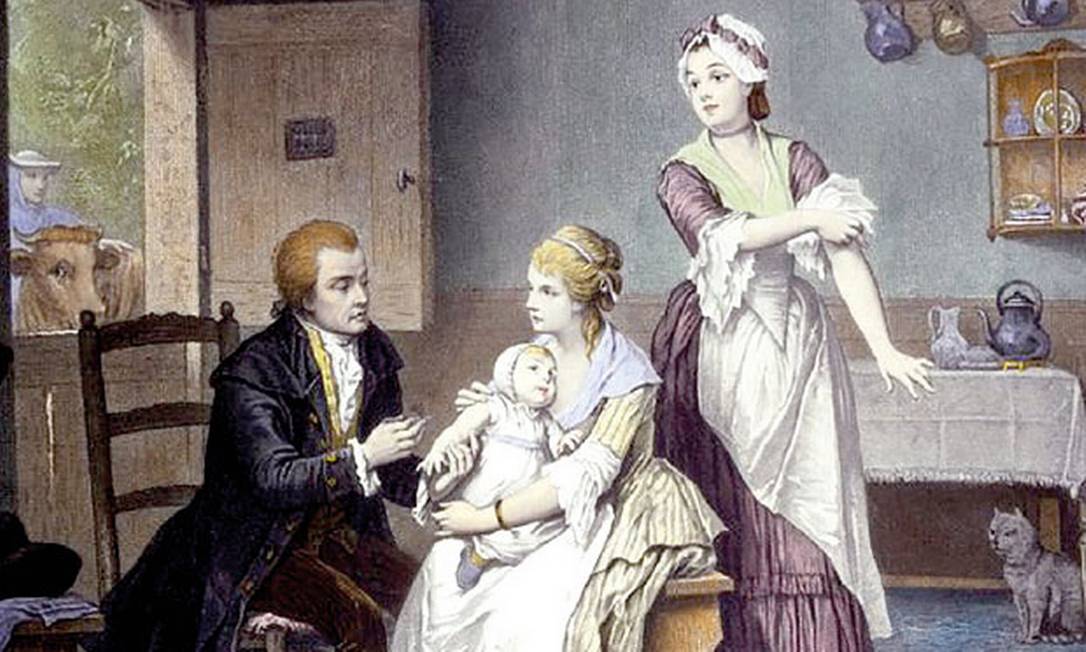 Edward Jenner, inventor da vacina, aplica imunização no próprio filho Foto: Reprodução