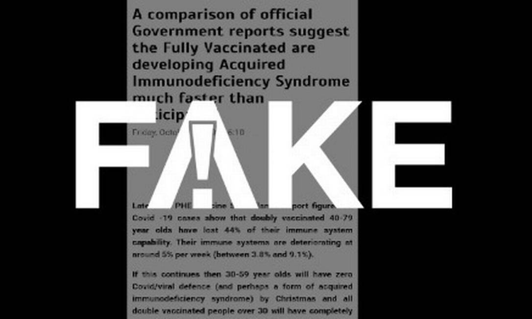 É #FAKE que relatórios do governo do Reino Unido sugerem que vacinados contra Covid têm desenvolvido Aids Foto: Reprodução
