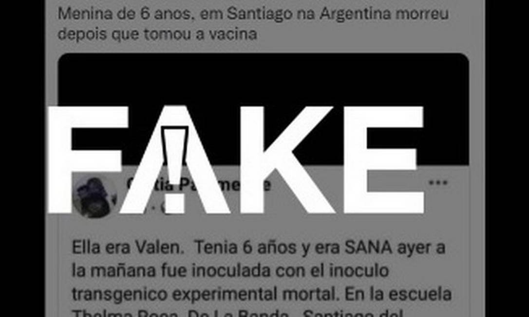É #FAKE que menina de Santiago del Estero, na Argentina, morreu após ser vacinada contra a Covid-19 Foto: Reprodução