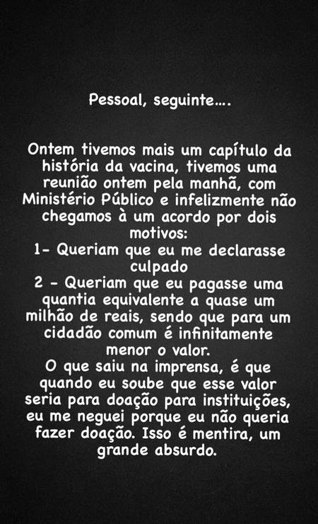 Wesley Safadão usou as redes sociais para se retratar e justificar a recusa ao acordo ofertado pelo Ministério Público Foto: Reprodução / Instagram