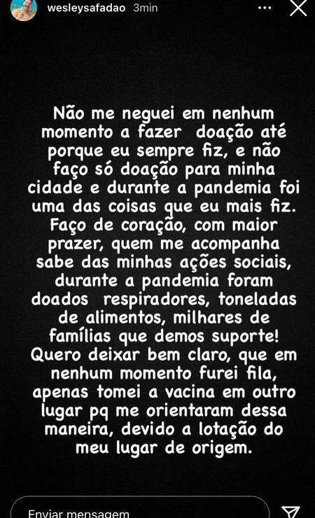 Wesley Safadão usou as redes sociais para se retratar e justificar a recusa ao acordo ofertado pelo Ministério Público Foto: Reprodução / Instagram