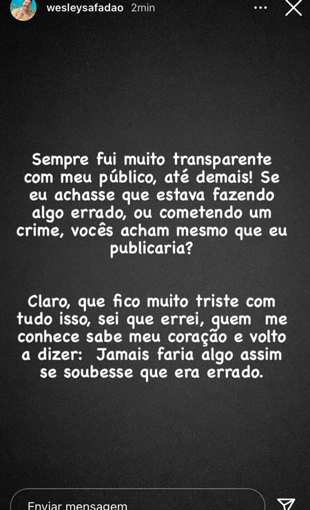 Wesley Safadão usou as redes sociais para se retratar e justificar a recusa ao acordo ofertado pelo Ministério Público Foto: Reprodução / Instagram
