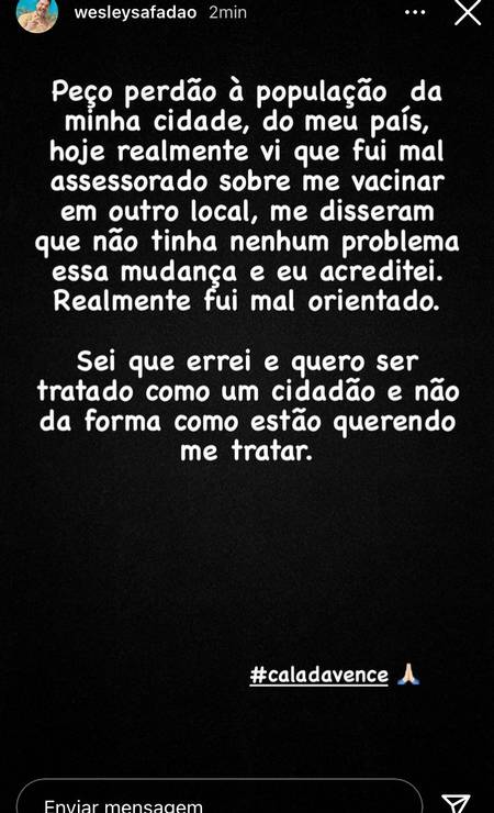 Wesley Safadão usou as redes sociais para se retratar e justificar a recusa ao acordo ofertado pelo Ministério Público Foto: Reprodução / Instagram