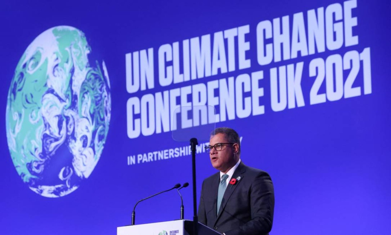 O presidente da COP26, Alok Sharma, fala no início da Conferência das Nações Unidas sobre Mudança Climática Foto: YVES HERMAN / REUTERS