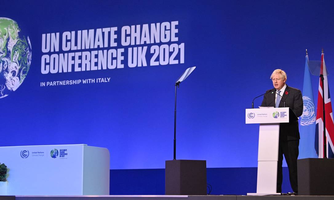Primeiro-ministro do Reio Unido, Boris Johnson, durante de discurso de abertura da COP-26 em Glasgow, na Escócia Foto: PAUL ELLIS / AFP