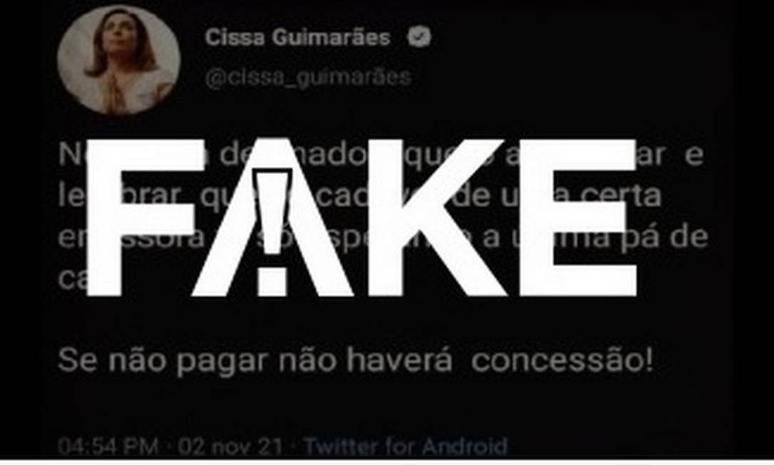 É #FAKE tuíte de Cissa Guimarães com críticas à Globo após saída Foto: Reprodução