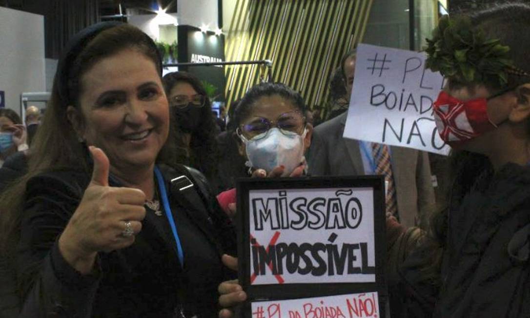 'PL da Boiada Não!': senadora, relatora de projeto de lei que flexibiliza regras do licenciamento ambiental, sorri com ativistas Foto: Divulgação