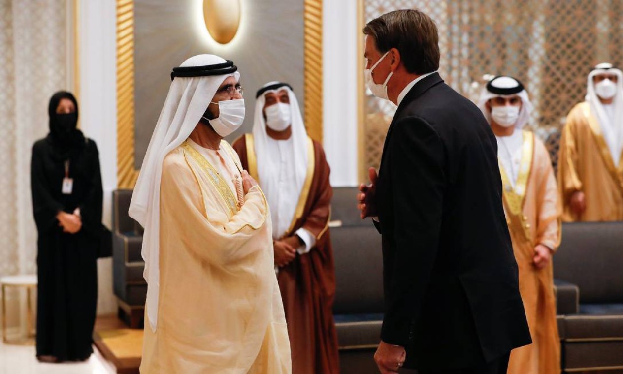 O presidente Jair Bolsonaro é recebido pelo emir de Dubai e primeiro-ministro dos Emirados Árabes, Mohammed bin Rashid Al Maktoum Foto: Alan Santos/PR