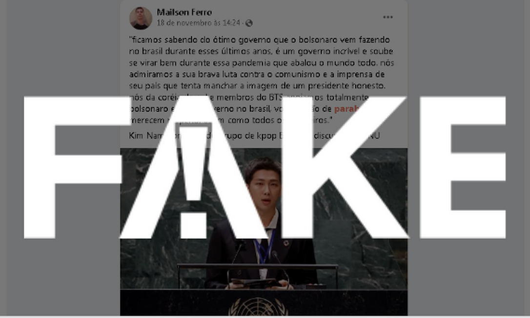 É #FAKE que integrante do grupo BTS fez discurso elogiando Bolsonaro na ONU Foto: Reprodução