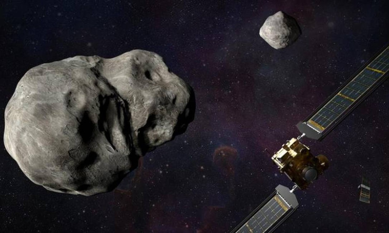 Ilustração mostra sistema de asteroides ao lado da sonda da missão DART Foto: Nasa