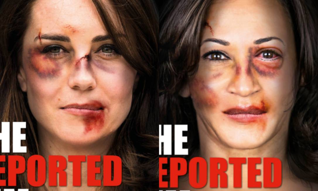 Imagens de Kate Middleton e Kamala Harris foram usadas em capanha contra a violência de gênero Foto: Reprodução