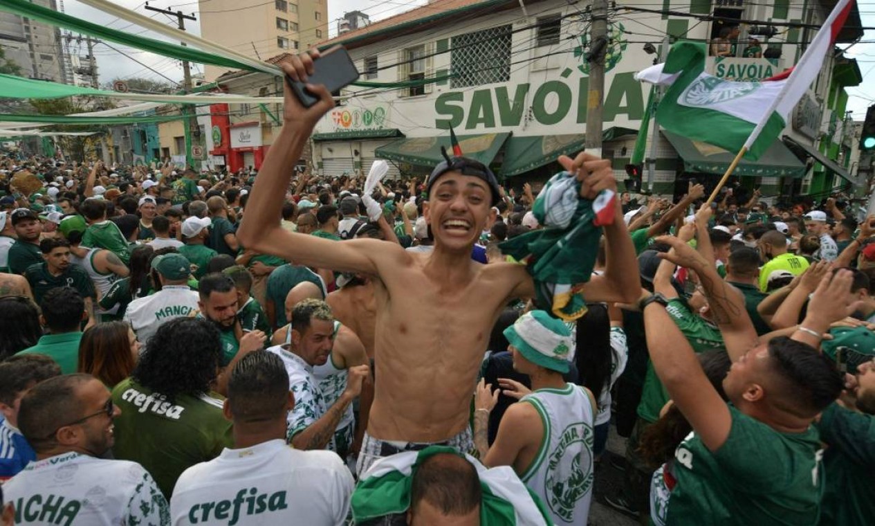 Palmeirenses comemoram gol de seu time durante a final Foto: NELSON ALMEIDA / AFP