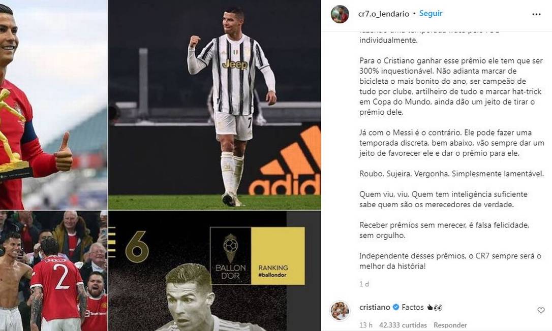 Cristiano Ronaldo comenta em postagem de página de fãs Foto: Reprodução