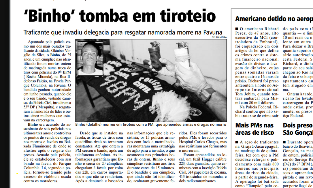 Matéria sobre a morte de Binho, publicada no jornal Extra em 2 de setembro de 2000 Foto: Reprodução