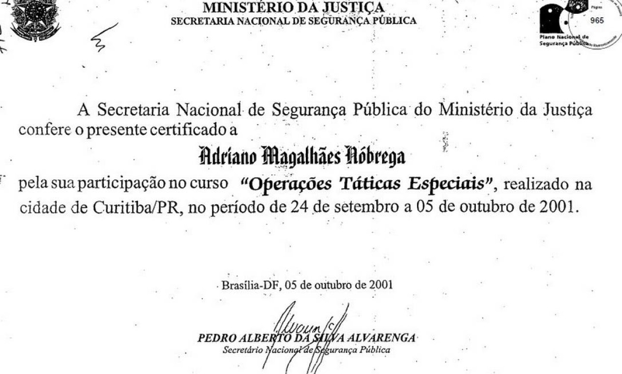 Certificado do curso de Operações Táticas Especiais, fewito por Adriano em Curitiba Foto: Reprodução