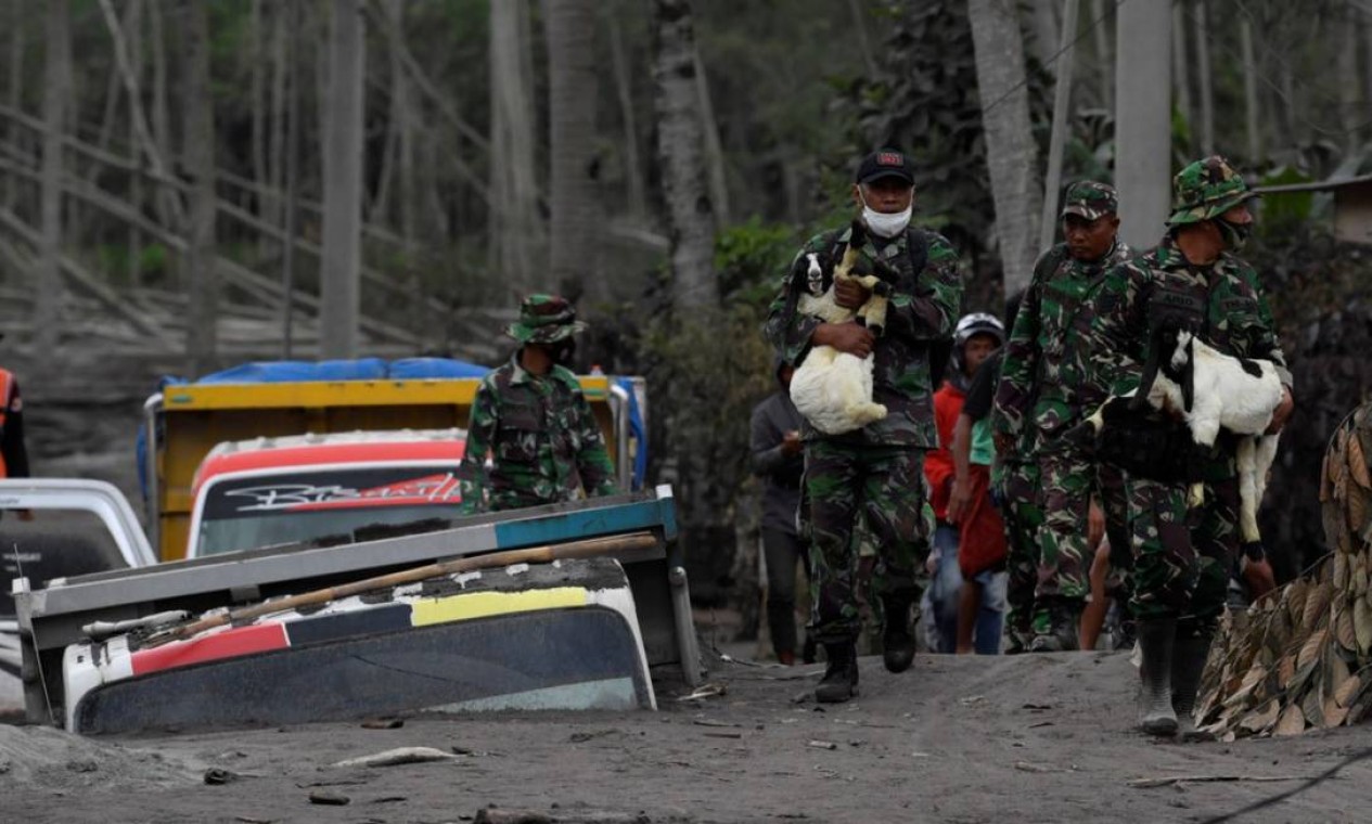 Oficiais indonésios carregam animais para serem evacuados na vila de Sumber Wuluh Foto: ANTARA FOTO / Via REUTERS