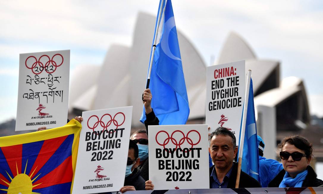 Manifestantes protestam na Austrália contra escolha de Pequim para sediar as Olimpíadas de Inverno Foto: SAEED KHAN / AFP