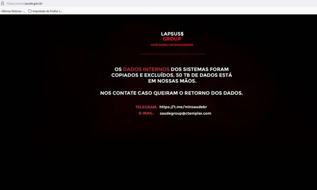 Site do Ministério da Saúde saiu do ar após ataque hacker Foto: Reprodução
