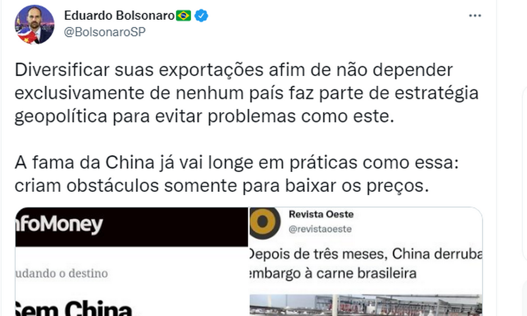 Eduardo Bolsonaro insinuou que chineses 'criam obstáculos somente para baixar preços' Foto: Reprodução
