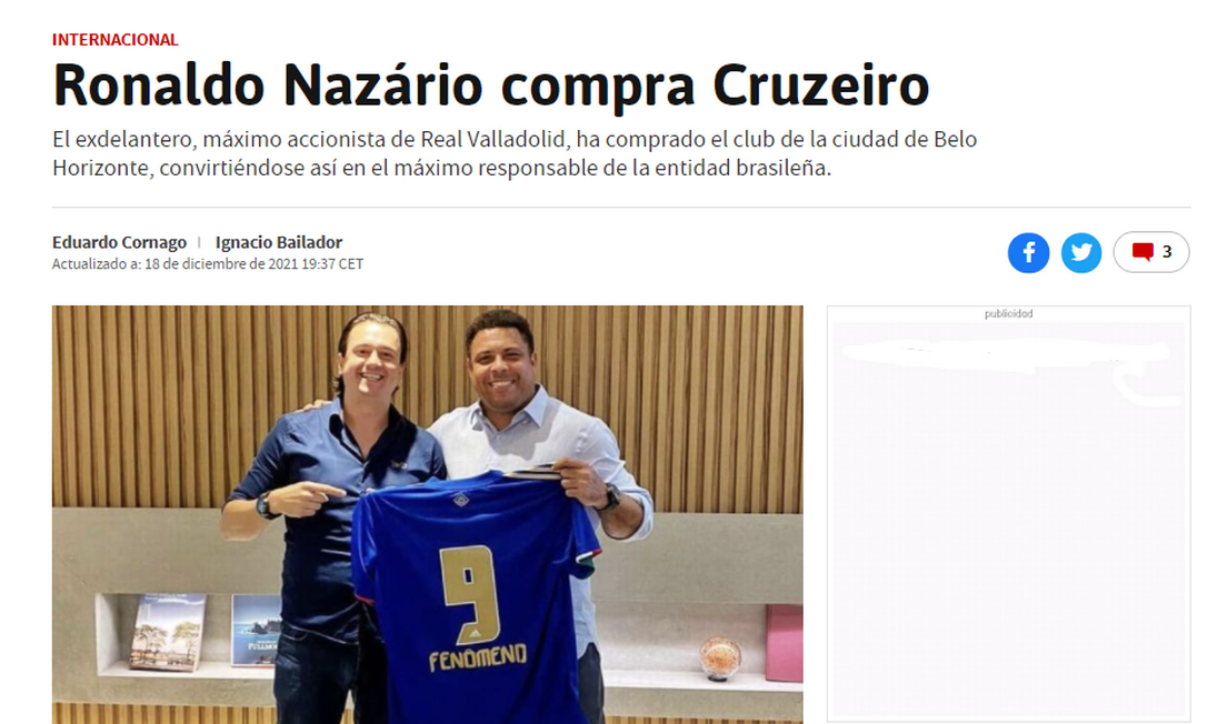 "As" repercute compra do Cruzeiro por Ronaldo Foto: Reprodução