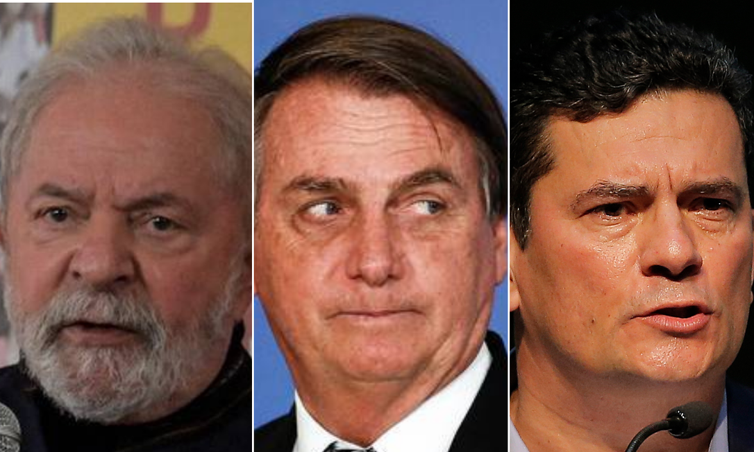 Lula (PT), Jair Bolsonaro (PL), Sergio Moro (Podemos), Ciro Gomes (PDT) e João Doria (PSDB) lideram as intenções de voto para a Presidência em 2022 segundo as pesquisas eleitorais. Foto: Agência O Globo