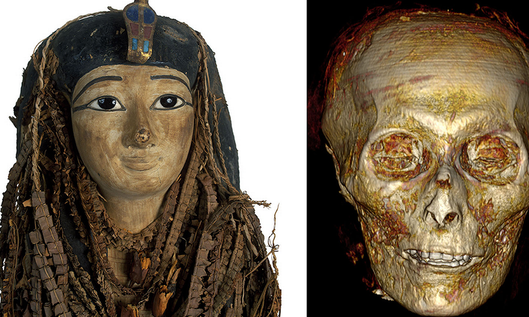 Máscara mortuária de Amenotepe I e o que ela esconde: seu rosto mumificado, que pode ser visto pela primeira vez em milênios por meio de tecnologia 3D Foto: Reprodução Saleem;Hawass