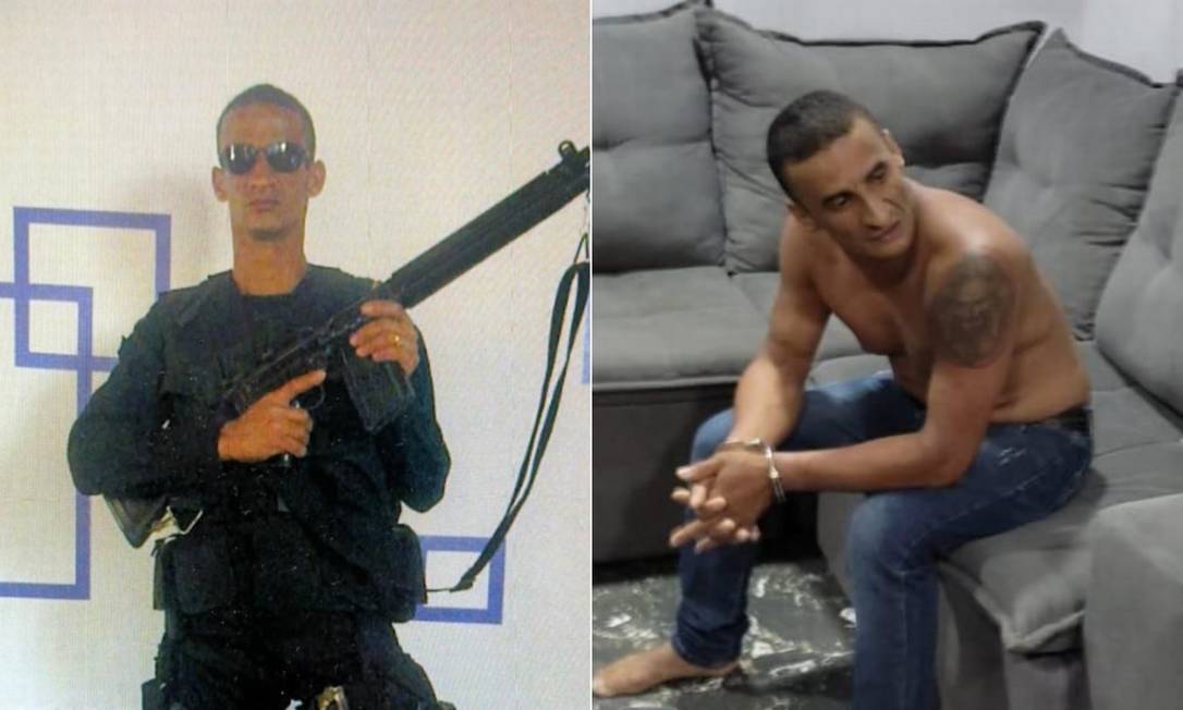 O miliciano Jairo: com arma e roupa militar (à esquerda) e na hora da prisão Foto: Divulgação Polícia Civil