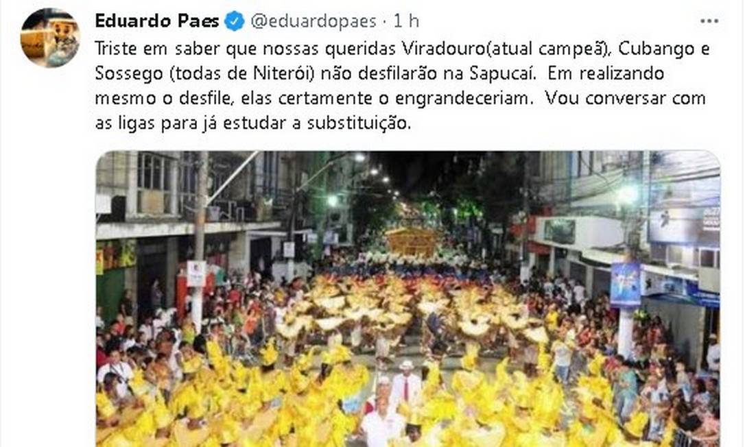 Paes se engana ao lamentar que escolas de Niterói não desfilariam no Rio Foto: Reprodução