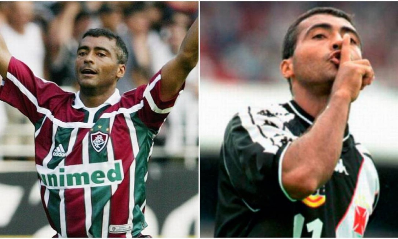 Romário deixou o Vasco em 2002 para acertar com o Fluminense em 2003. Curiosamente, anos depois, fez o caminho inverso: deixou as Laranjeiras em 2004 para acertar com o cruz-maltino em 2005. Foto: Editoria de Arte