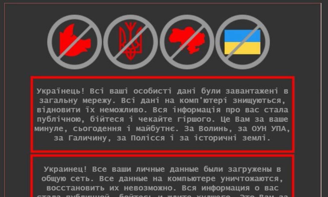 Mensagem deixada nos sites ucranianos atacados Foto: Reprodução