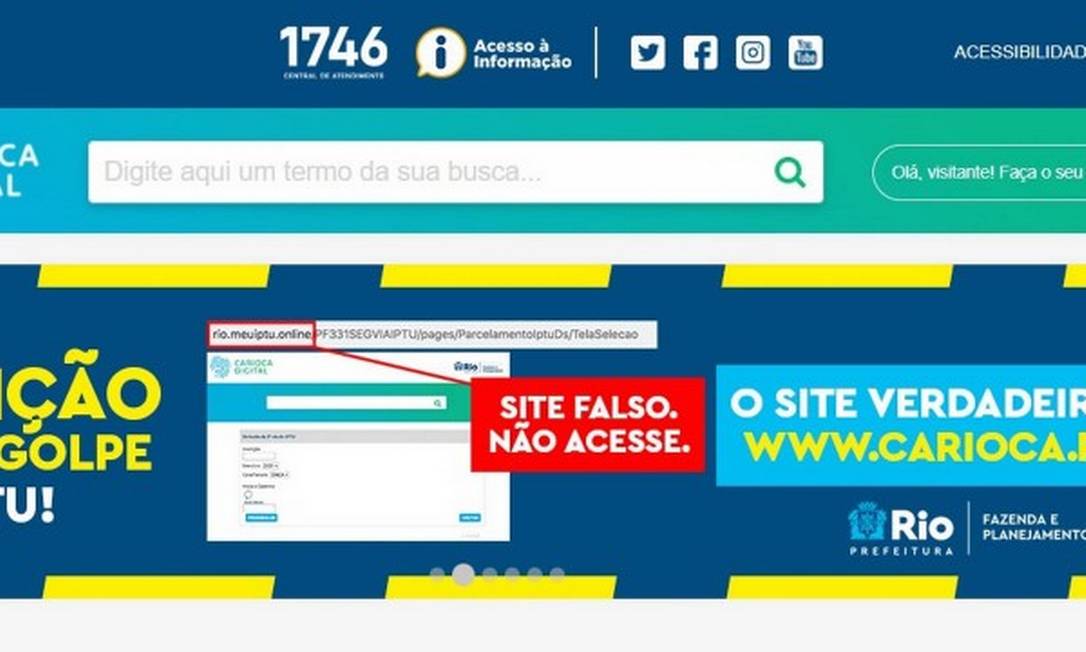 A Prefeitura do Rio alerta que golpistas criaram um site falso. O correto é carioca.rio. Foto: Reprodução