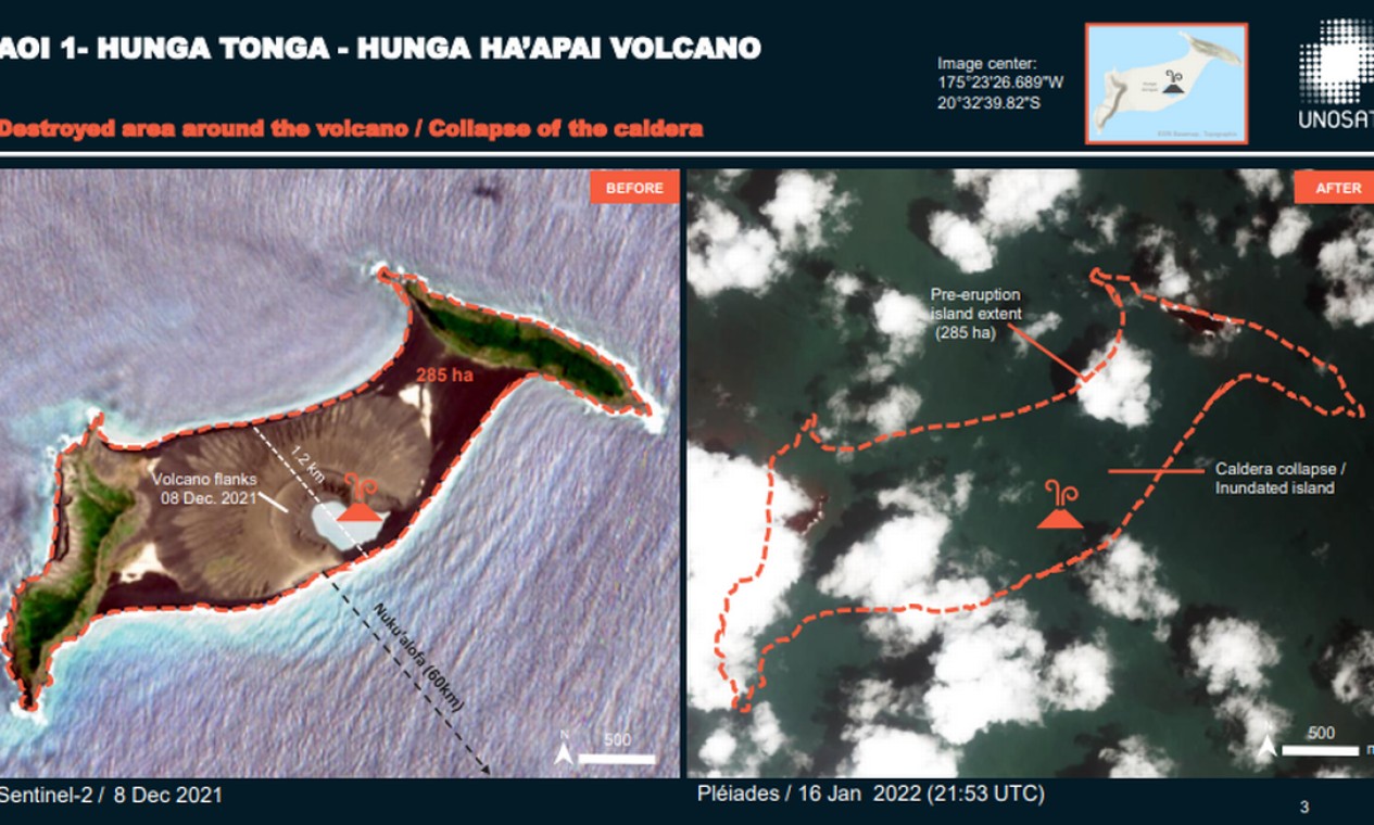 O colapso da caldeira vulcânica Hunga-Tonga-Hunga-Ha'apai, em Tonga Foto: Reprodução/UNOSAT