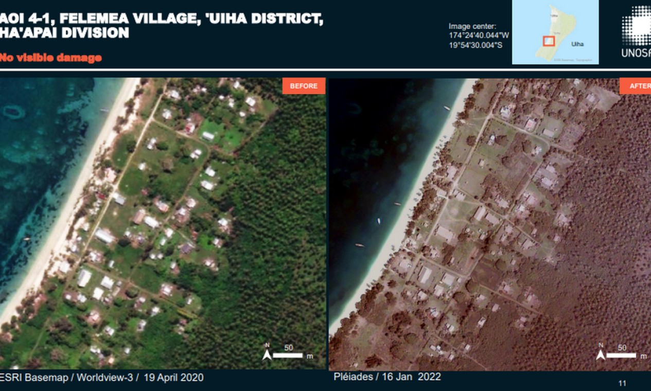 Registro do antes e depois no vilarejo de Felemea, Tonga Foto: Reprodução/UNOSAT