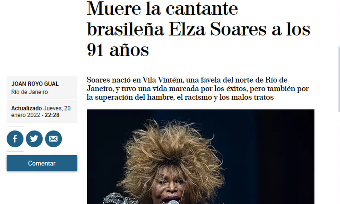 Espanhol 'El Mundo' destacou que vida de Elza Soares foi marcado por sucessos e superação da fome e do racismo Foto: Reprodução