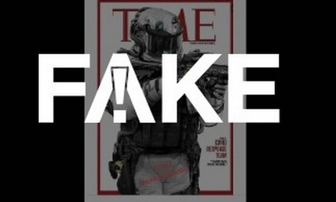 É #FAKE imagem de capa da Time em que soldado armado usa emblema da OMS Foto: Reprodução