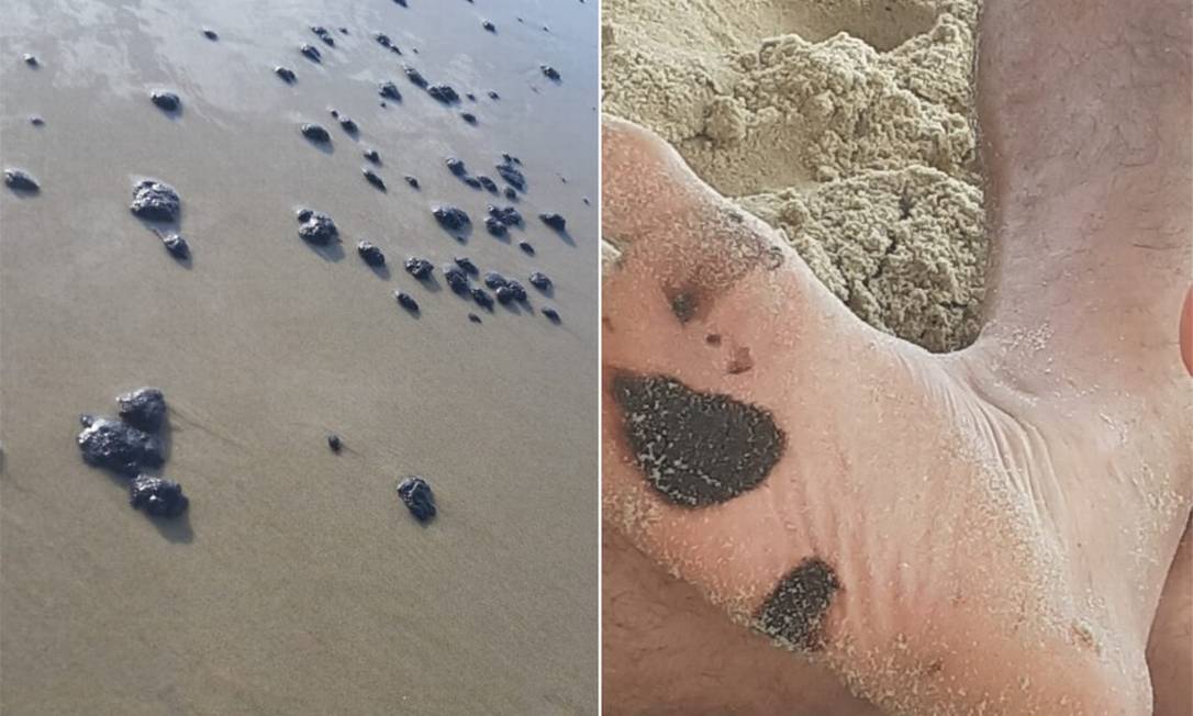 Pedaços de piche foram encontrados por banhistas na beira da praia e na água Foto: Reprodução/arquivo pessoal